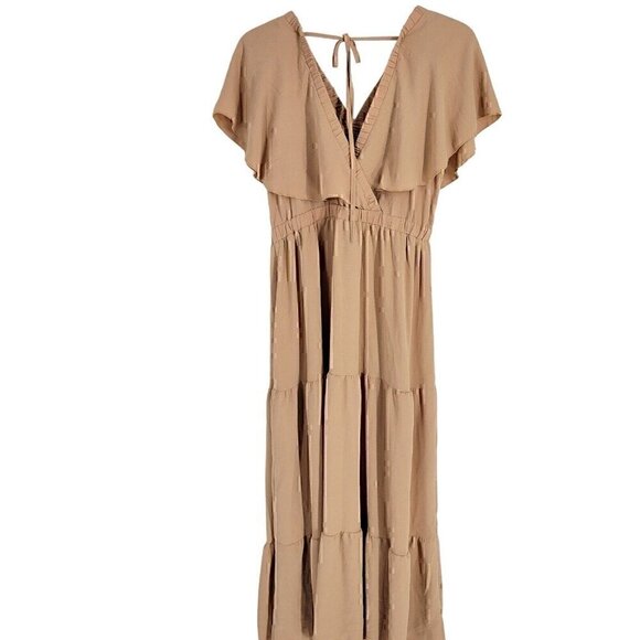 Simplee Flutter Sleeve V-Neck Tiered Midi Dress - Beige Tan  - Large - NEW - Picture 5 of 5
